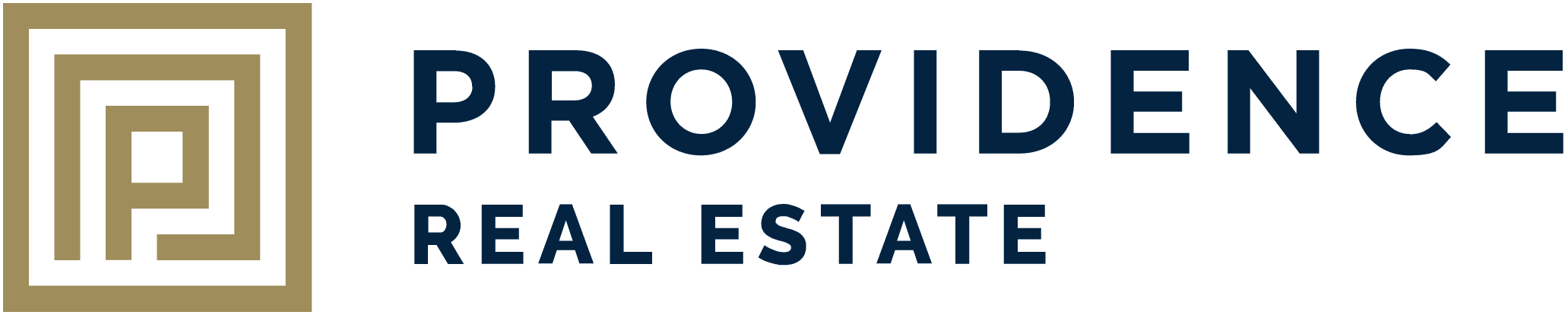 Providence Real Estate logo featuring a gold and black geometric "P" emblem on the left, followed by bold navy blue text that reads "PROVIDENCE" above smaller capital letters spelling "REAL ESTATE"